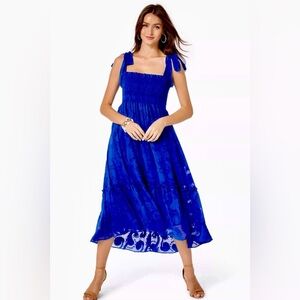 NWOT Lilly Pulitzer RIVIERA SMOCKED MIDI DRESS Jacquard Blue Grotto - size M